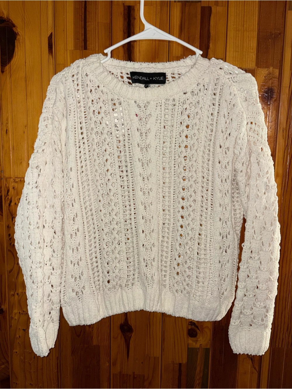 Kendall & Kylie Ivory Open-Knit Crewneck Sweater